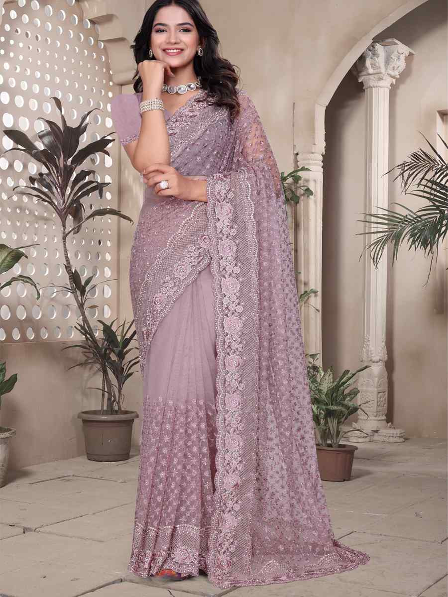 Lavender Net Embroidery Party Bridal Reception Festival Wedding Fancy Heavy Border Saree