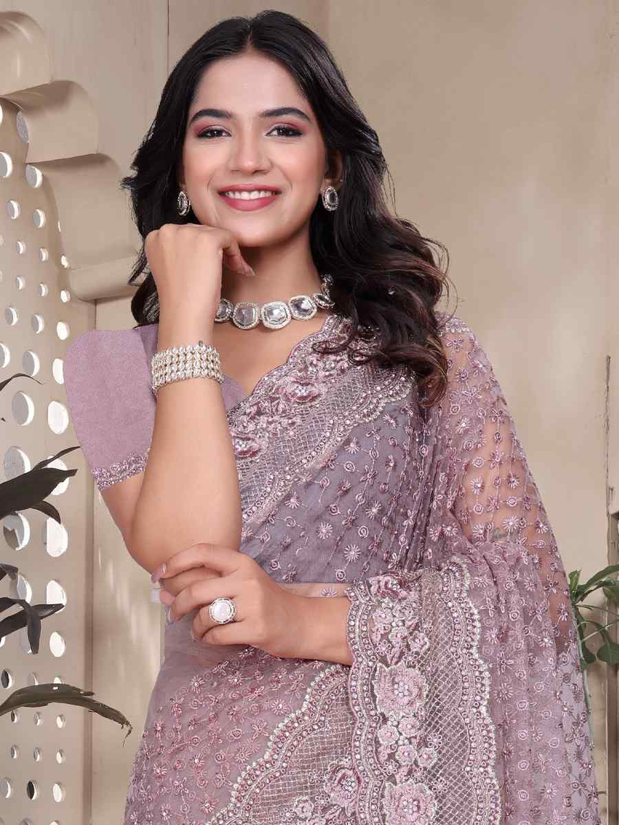 Lavender Net Embroidery Party Bridal Reception Festival Wedding Fancy Heavy Border Saree