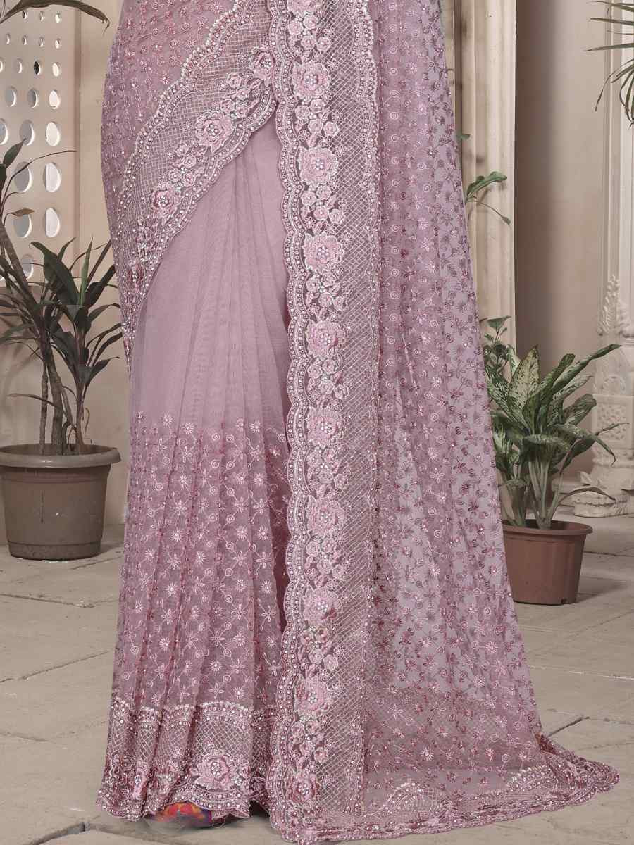 Lavender Net Embroidery Party Bridal Reception Festival Wedding Fancy Heavy Border Saree