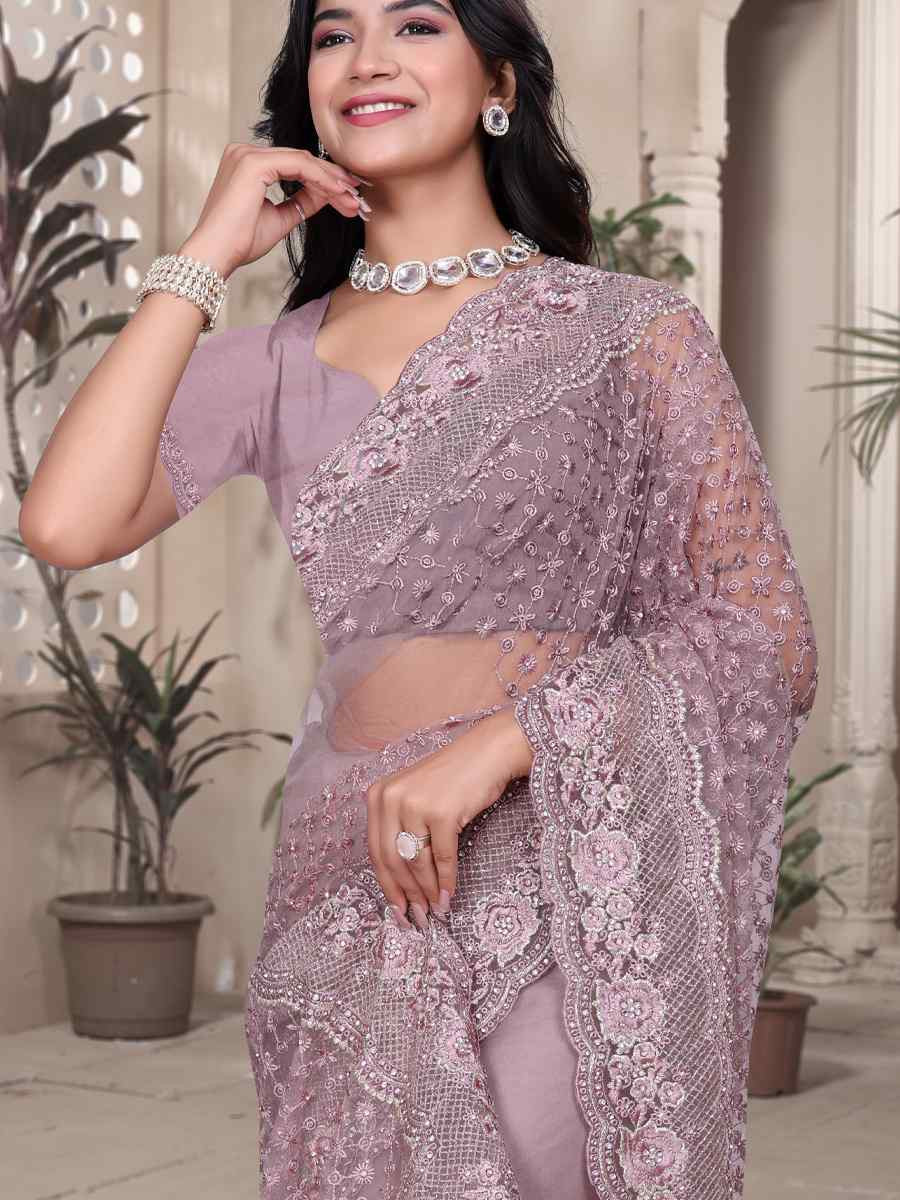 Lavender Net Embroidery Party Bridal Reception Festival Wedding Fancy Heavy Border Saree
