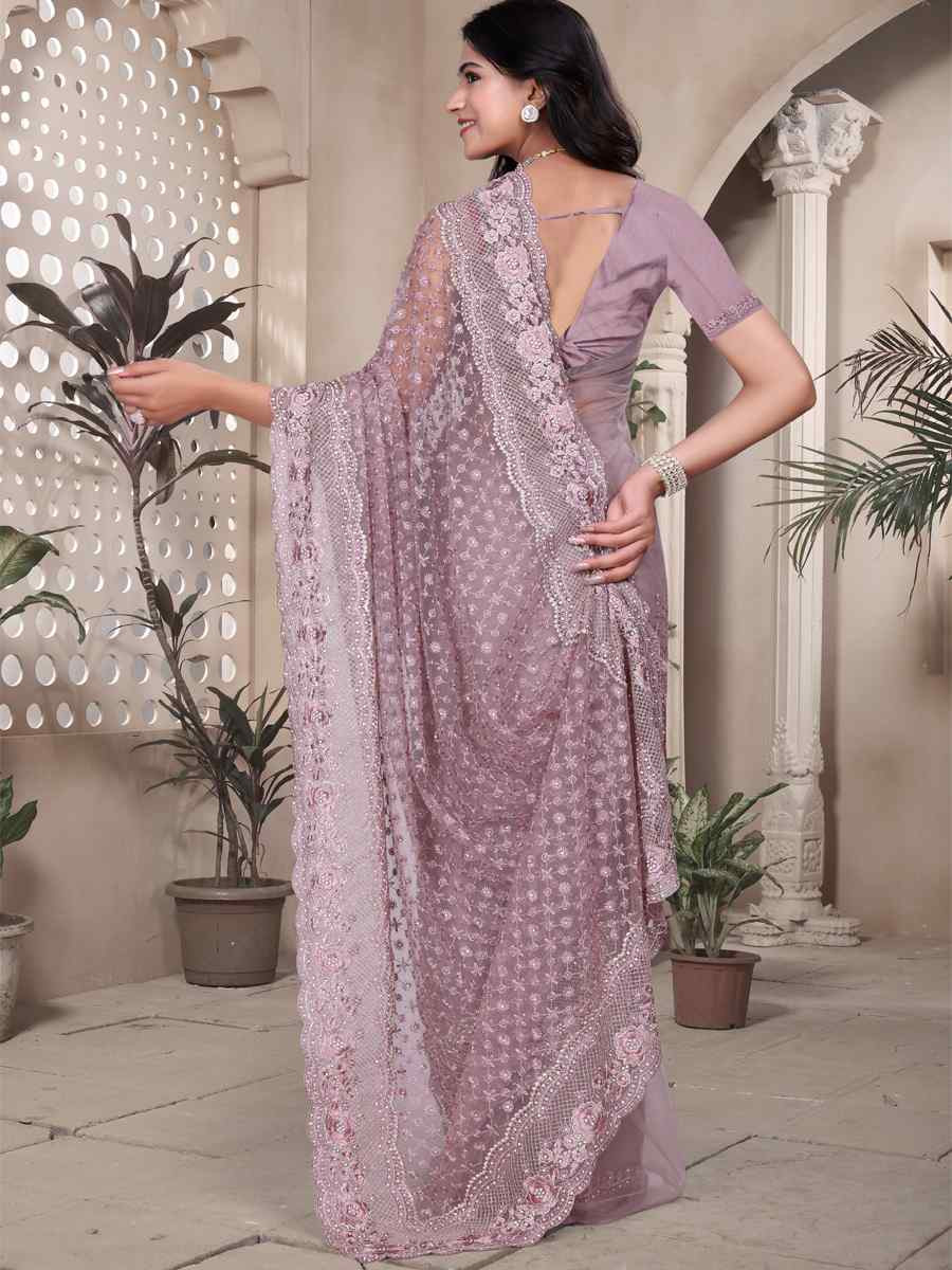 Lavender Net Embroidery Party Bridal Reception Festival Wedding Fancy Heavy Border Saree