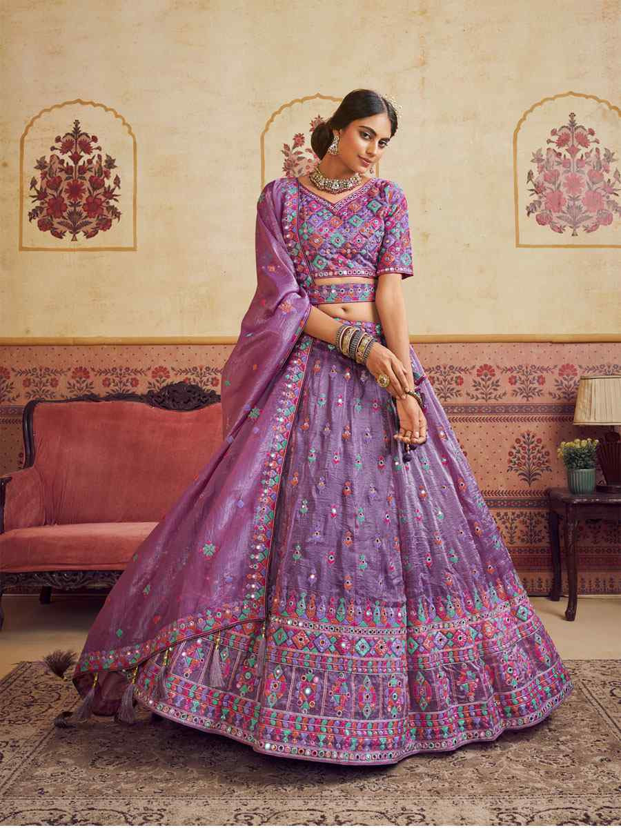 Lavender Organza Embroidered Bridal Festival Reception Wedding Traditional Heavy Border Lehenga Choli