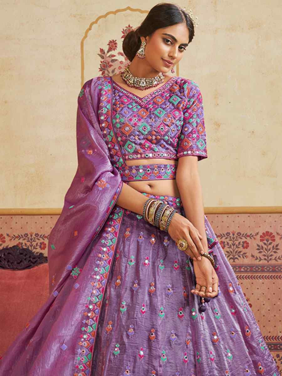 Lavender Organza Embroidered Bridal Festival Reception Wedding Traditional Heavy Border Lehenga Choli