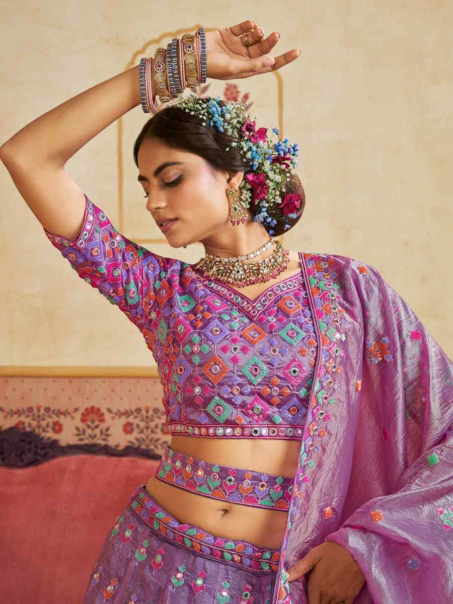 Lavender Organza Embroidered Bridal Festival Reception Wedding Traditional Heavy Border Lehenga Choli