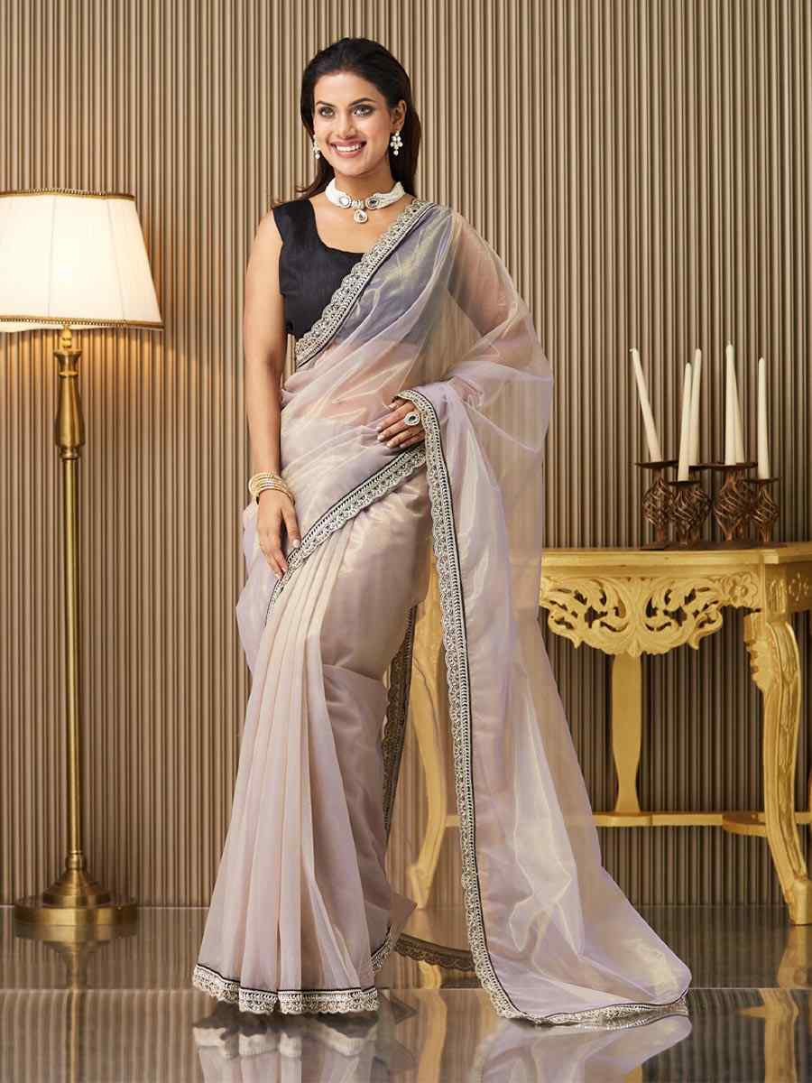 Lavender Organza Embroidered Festival Wedding Fancy Heavy Border Saree
