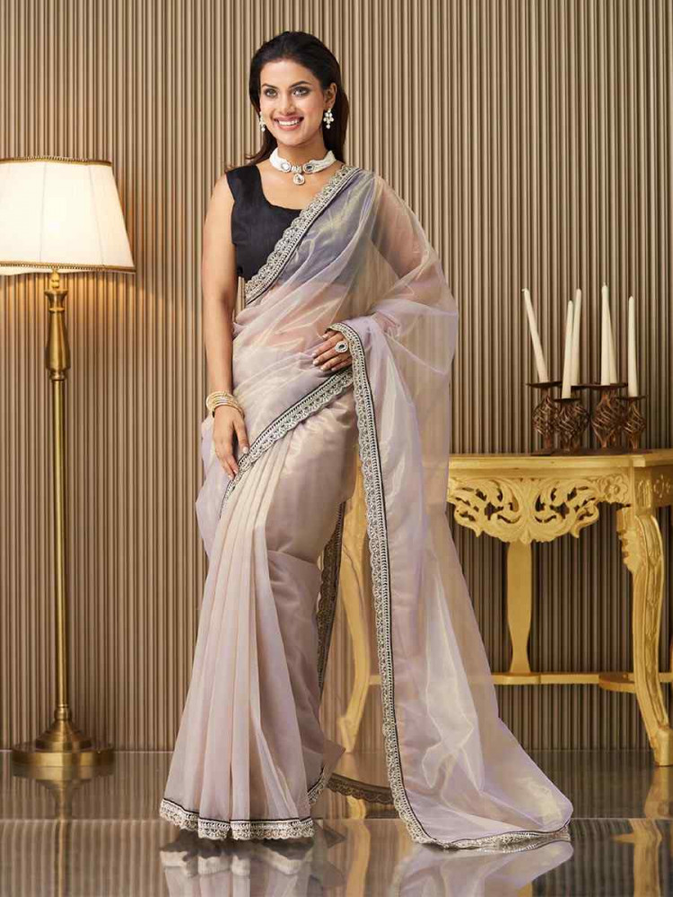 Lavender Organza Embroidered Festival Wedding Fancy Heavy Border Saree