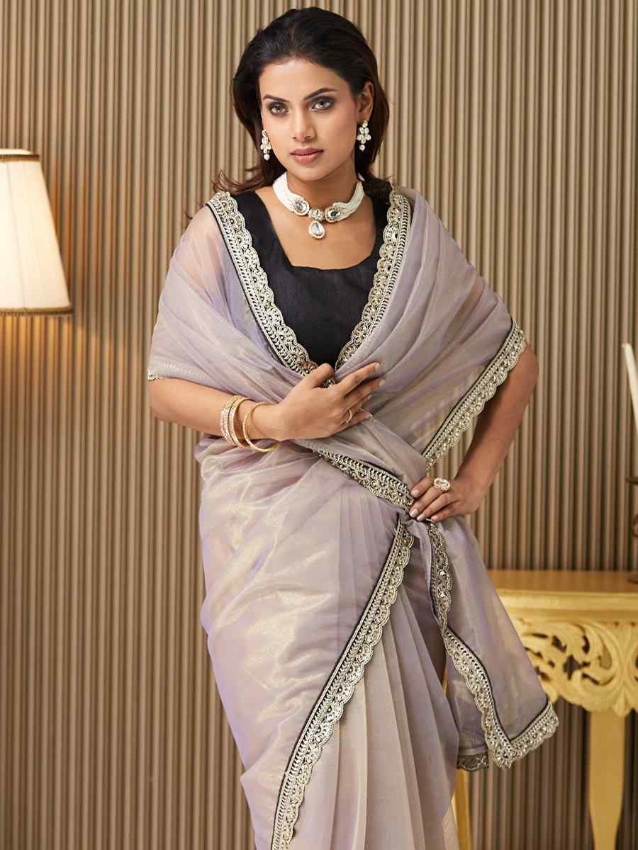 Lavender Organza Embroidered Festival Wedding Fancy Heavy Border Saree