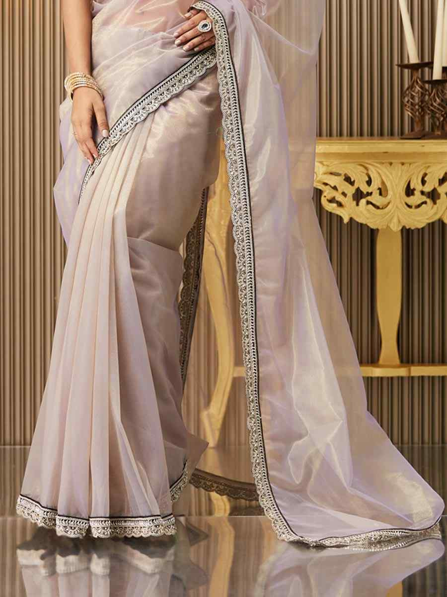 Lavender Organza Embroidered Festival Wedding Fancy Heavy Border Saree