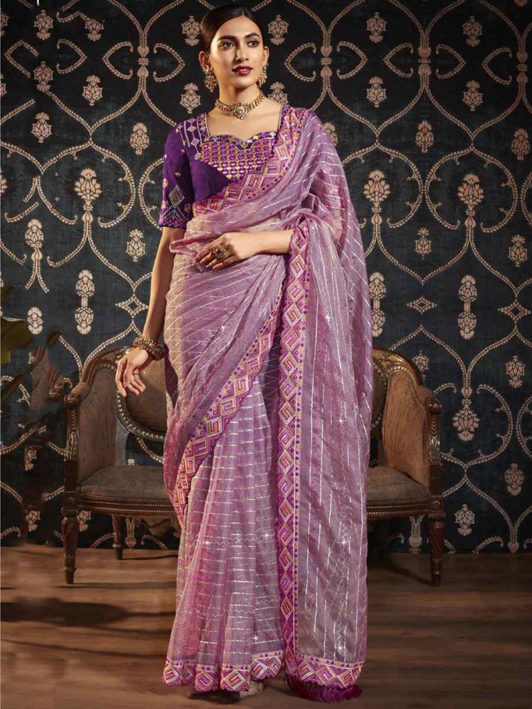 Lavender Organza Embroidered Party Festival Classic Style Saree