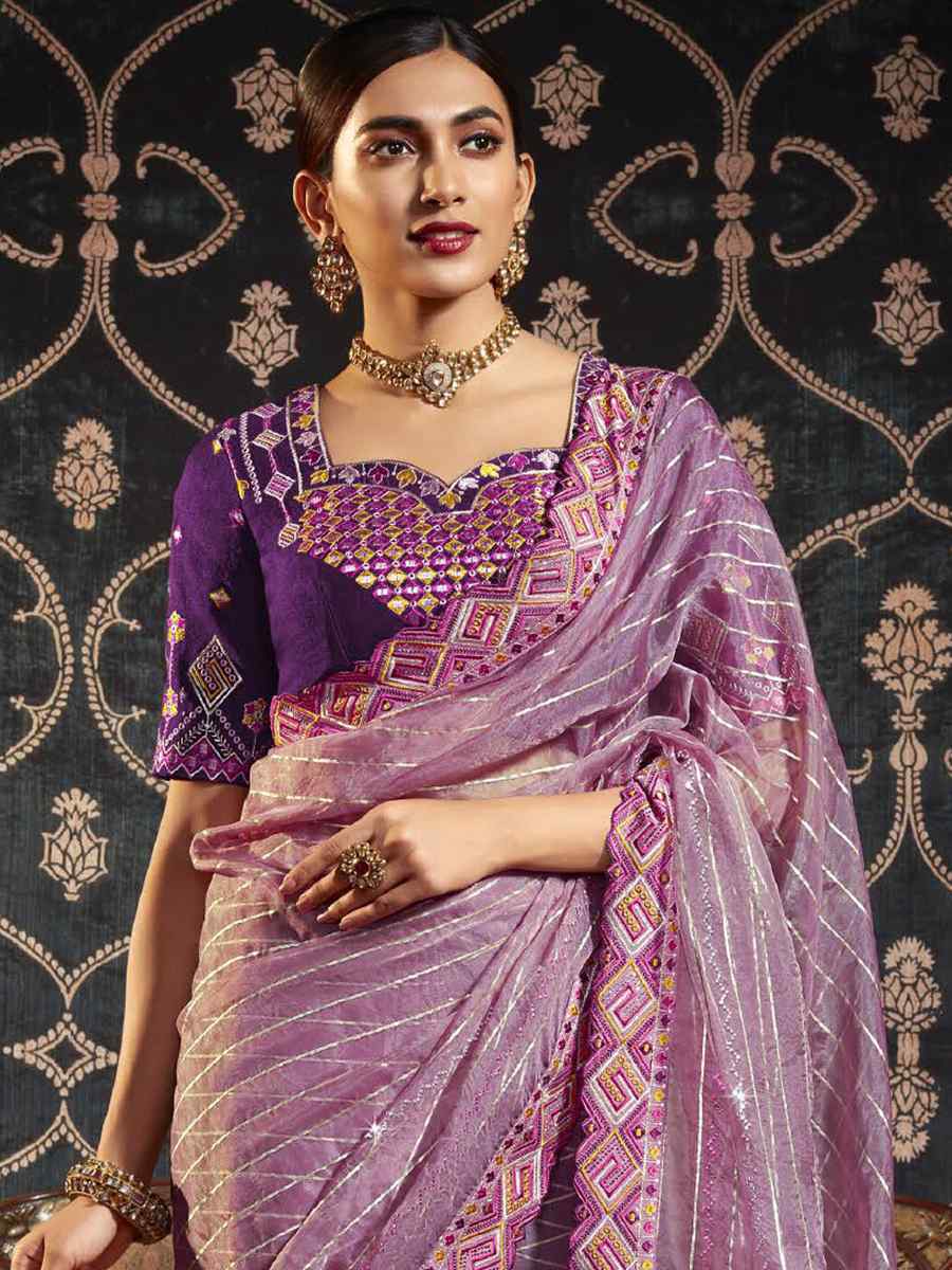 Lavender Organza Embroidered Party Festival Classic Style Saree