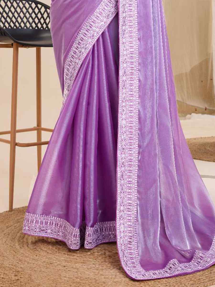 Lavender Organza Embroidered Party Wedding Heavy Border Saree