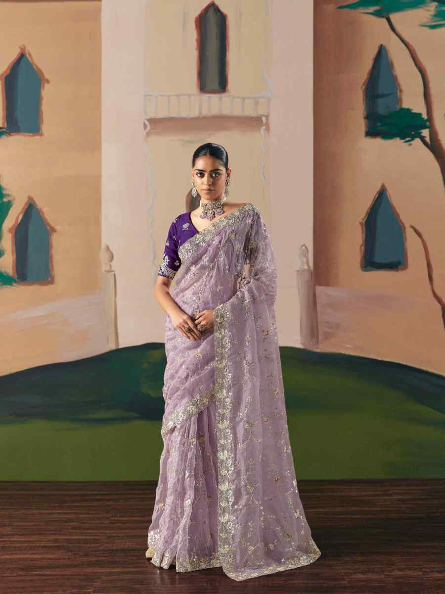Lavender Organza Embroidery Zari Bridal Reception Festival Wedding Fancy Heavy Border Saree
