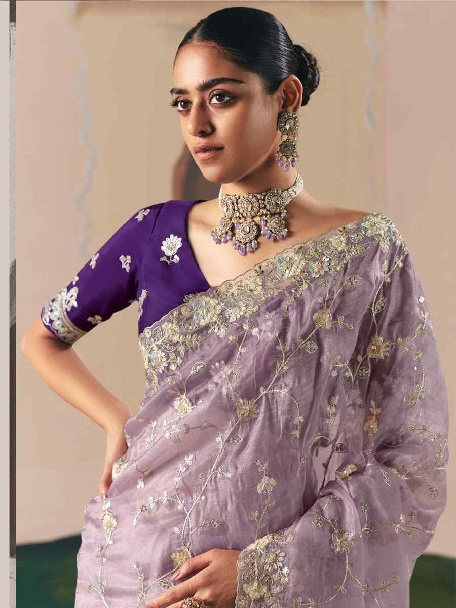 Lavender Organza Embroidery Zari Bridal Reception Festival Wedding Fancy Heavy Border Saree