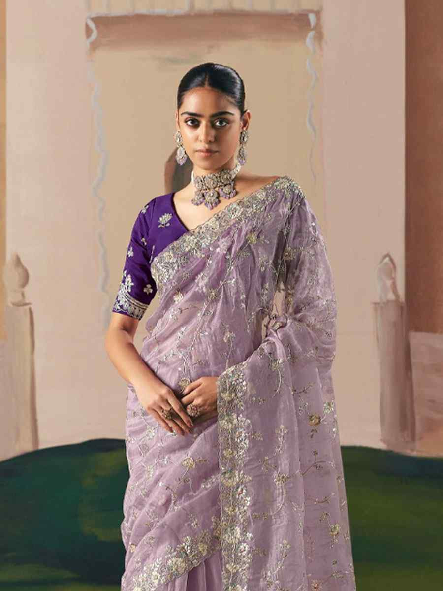 Lavender Organza Embroidery Zari Bridal Reception Festival Wedding Fancy Heavy Border Saree