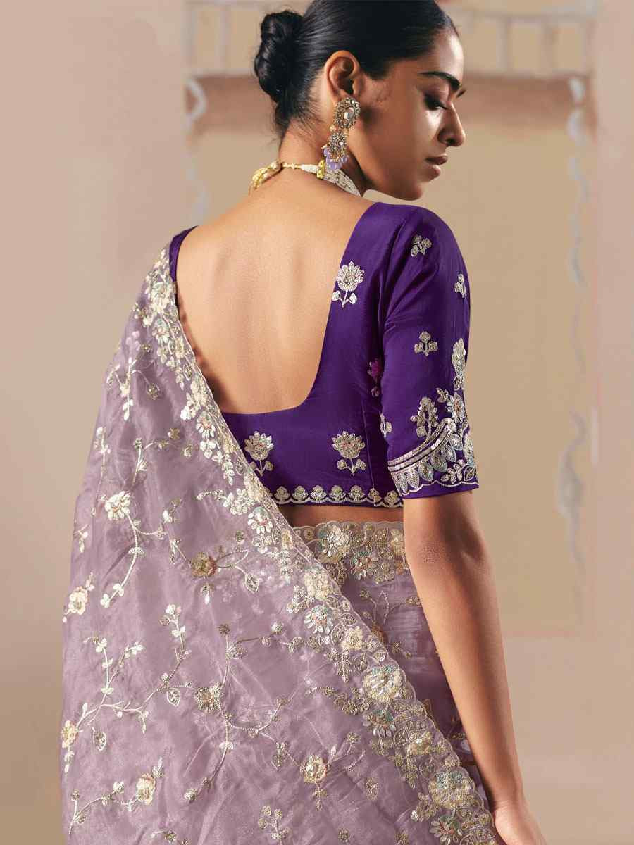 Lavender Organza Embroidery Zari Bridal Reception Festival Wedding Fancy Heavy Border Saree