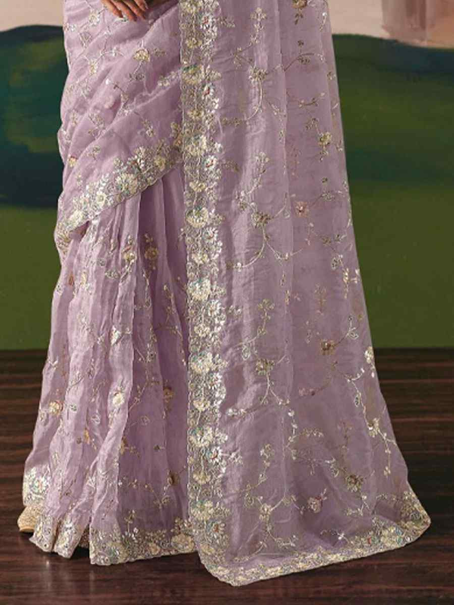 Lavender Organza Embroidery Zari Bridal Reception Festival Wedding Fancy Heavy Border Saree