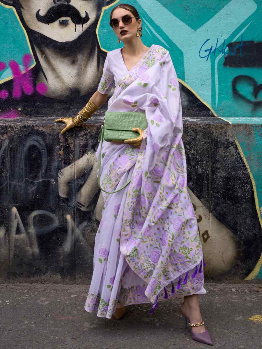 Lavender Parsi Silk Handwoven Party Festival Classic Style Saree