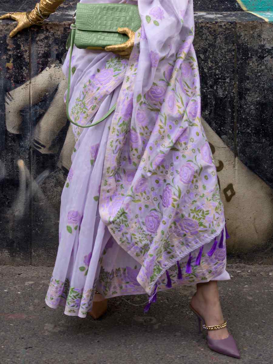 Lavender Parsi Silk Handwoven Party Festival Classic Style Saree