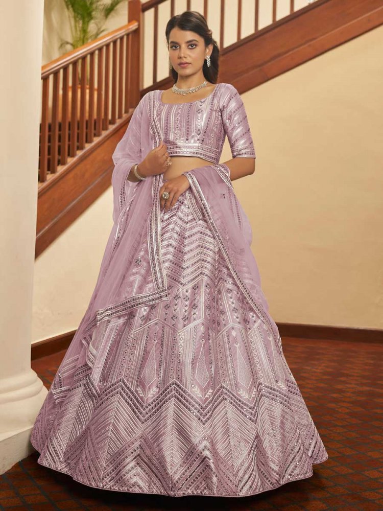 Lavender Pink Art Silk Embroidered Party Lehenga Choli