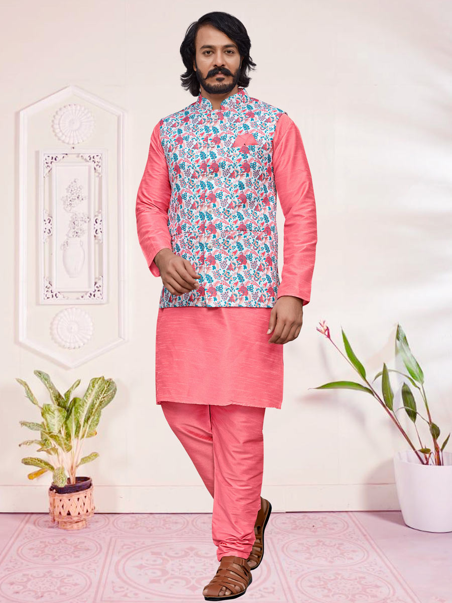 Lavender Pink Art Silk Festival Printed Kurta Set With Jacket