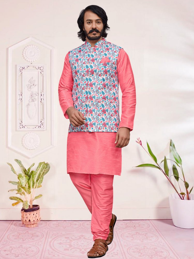 Lavender Pink Art Silk Festival Printed Kurta Set With Jacket