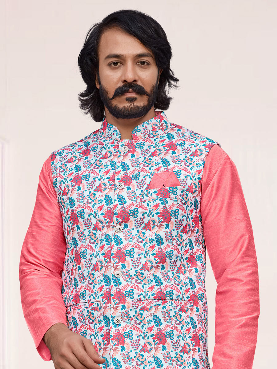 Lavender Pink Art Silk Festival Printed Kurta Set With Jacket