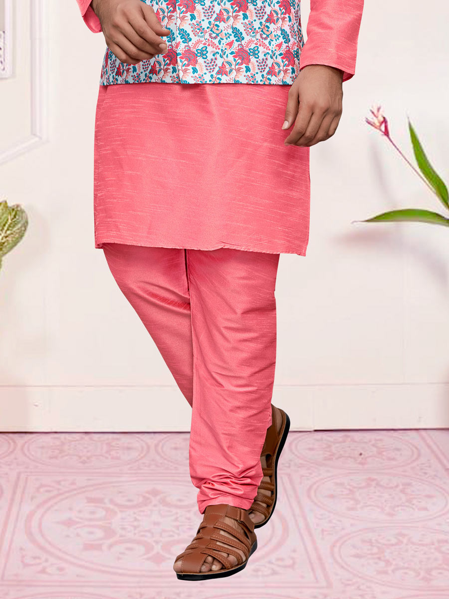 Lavender Pink Art Silk Festival Printed Kurta Set With Jacket