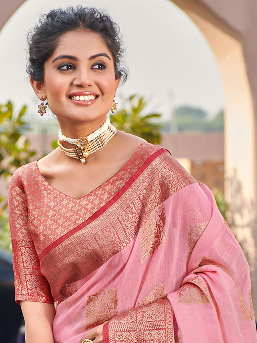 Lavender Pink Linen Handwoven Festival Saree