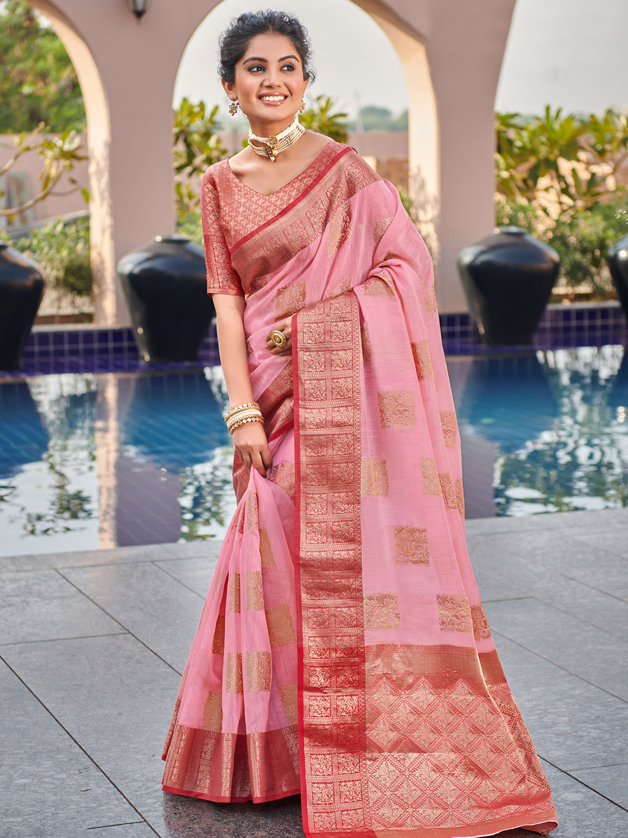 Lavender Pink Linen Handwoven Festival Saree