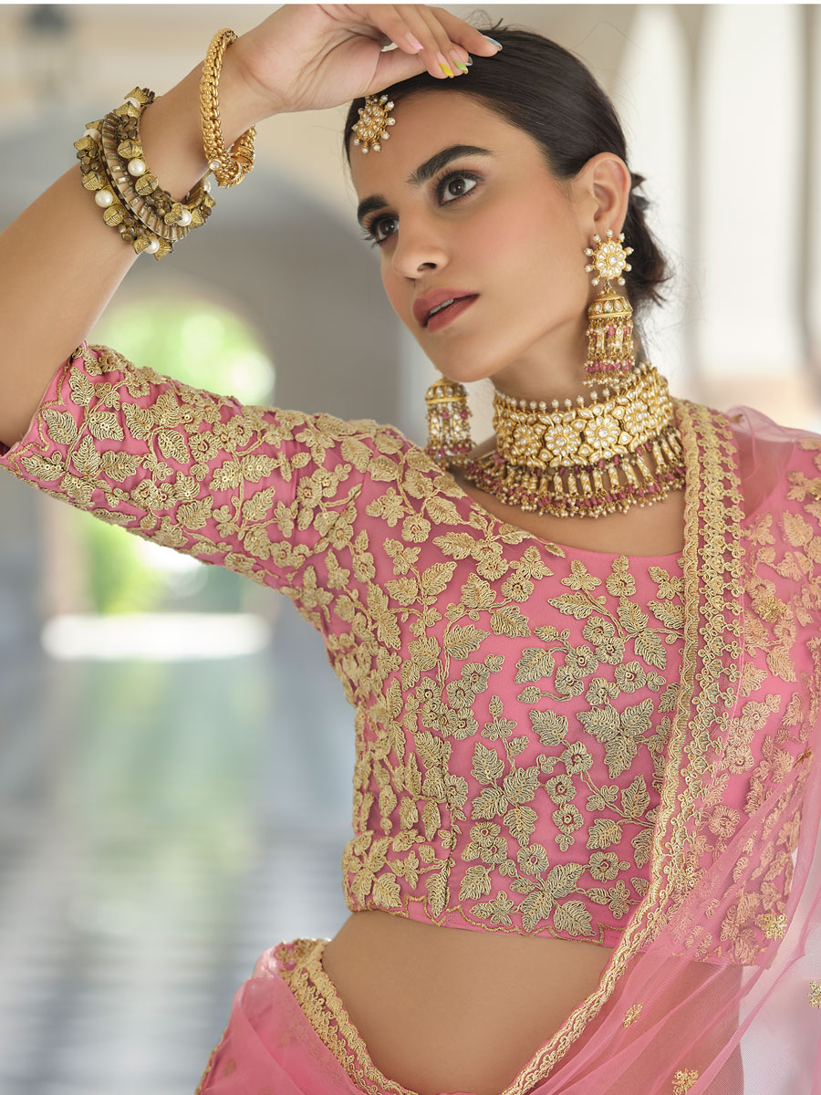 Lavender Pink Net Embroidered Bridal Lehenga Choli