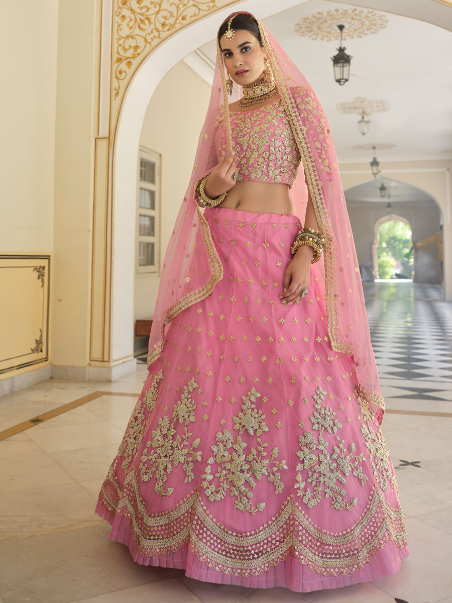 Lavender Pink Net Embroidered Bridal Lehenga Choli