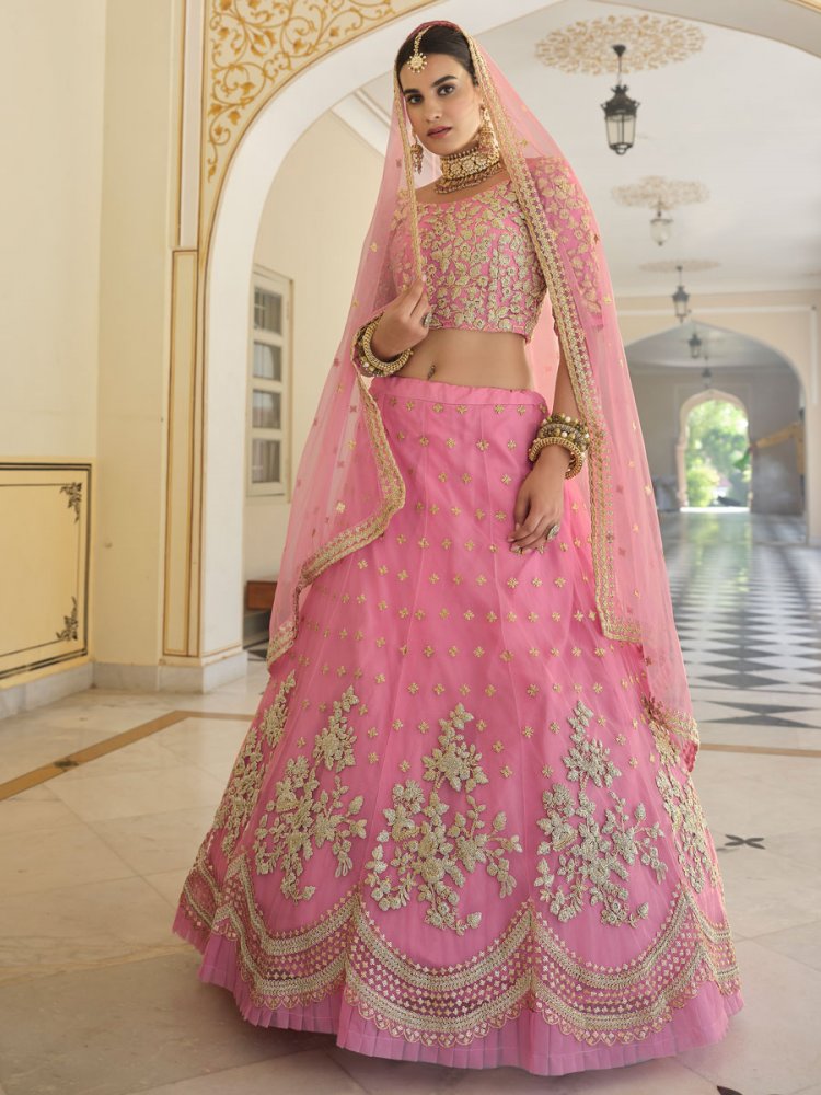 Lavender Pink Net Embroidered Bridal Lehenga Choli