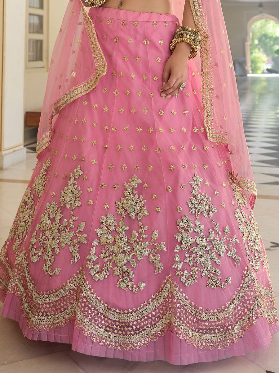 Lavender Pink Net Embroidered Bridal Lehenga Choli