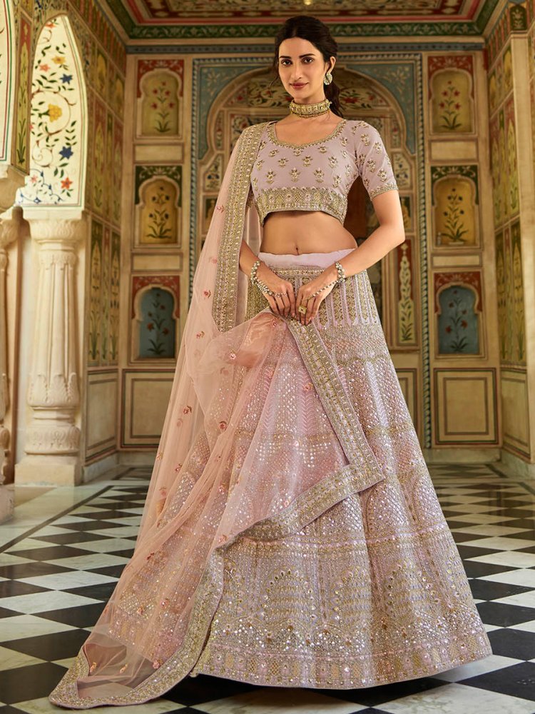 Lavender Pink Organza Embroidered Wedding Lehenga Choli