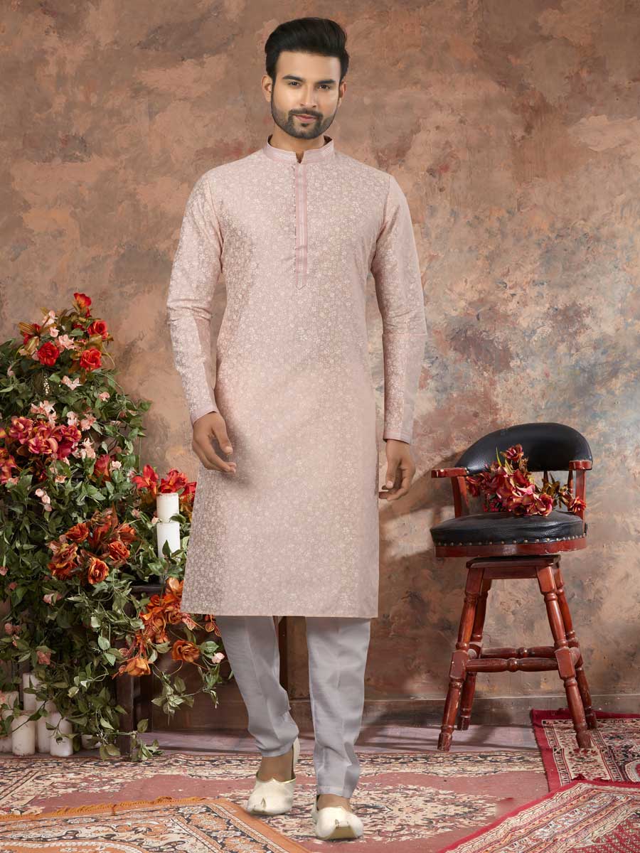 Lavender Pink Silk Embroidered Festival Kurta Set