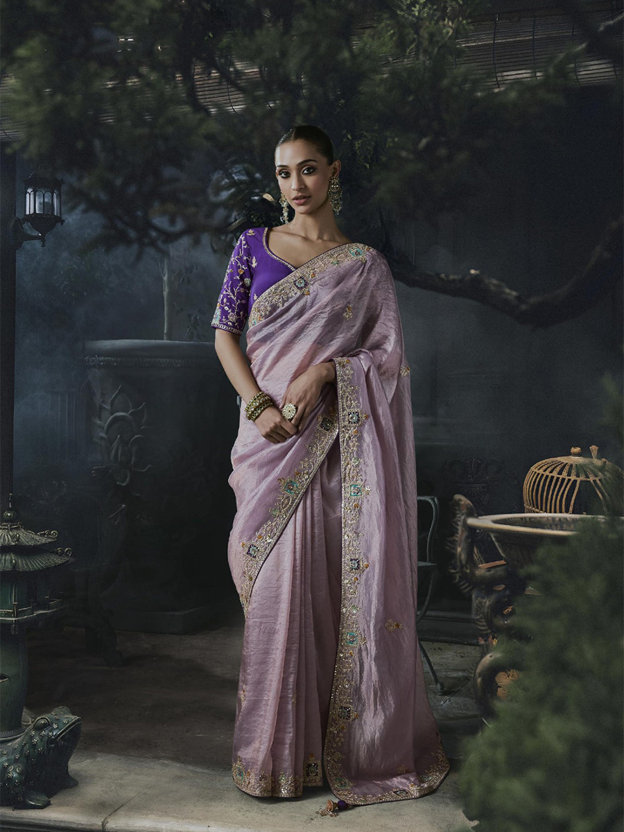 Lavender Pink Tissue Silk Embroidery Stone Work Sequins Wedding Reception Party Festival Casual Heavy Border Sarees