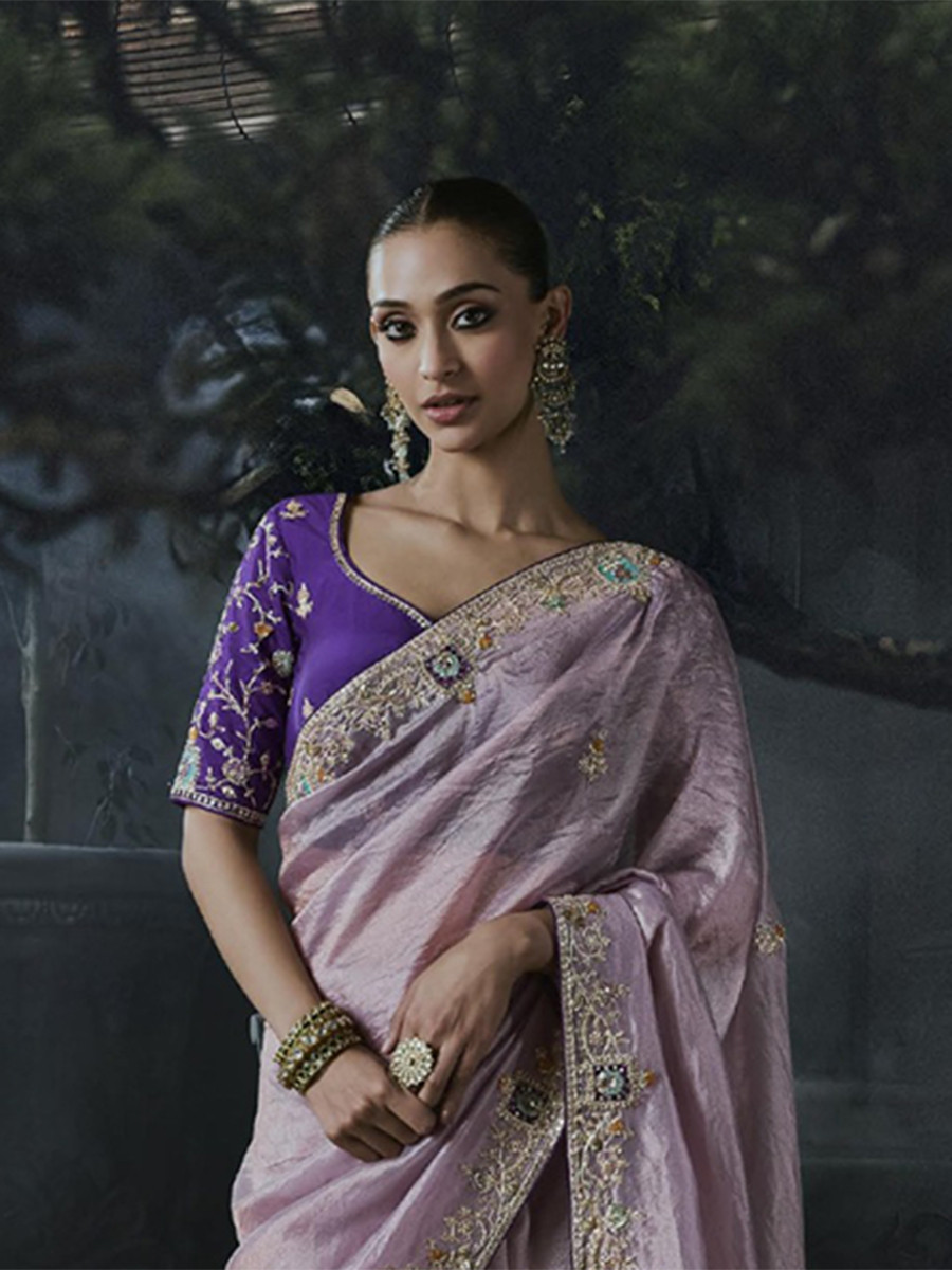 Lavender Pink Tissue Silk Embroidery Stone Work Sequins Wedding Reception Party Festival Casual Heavy Border Sarees