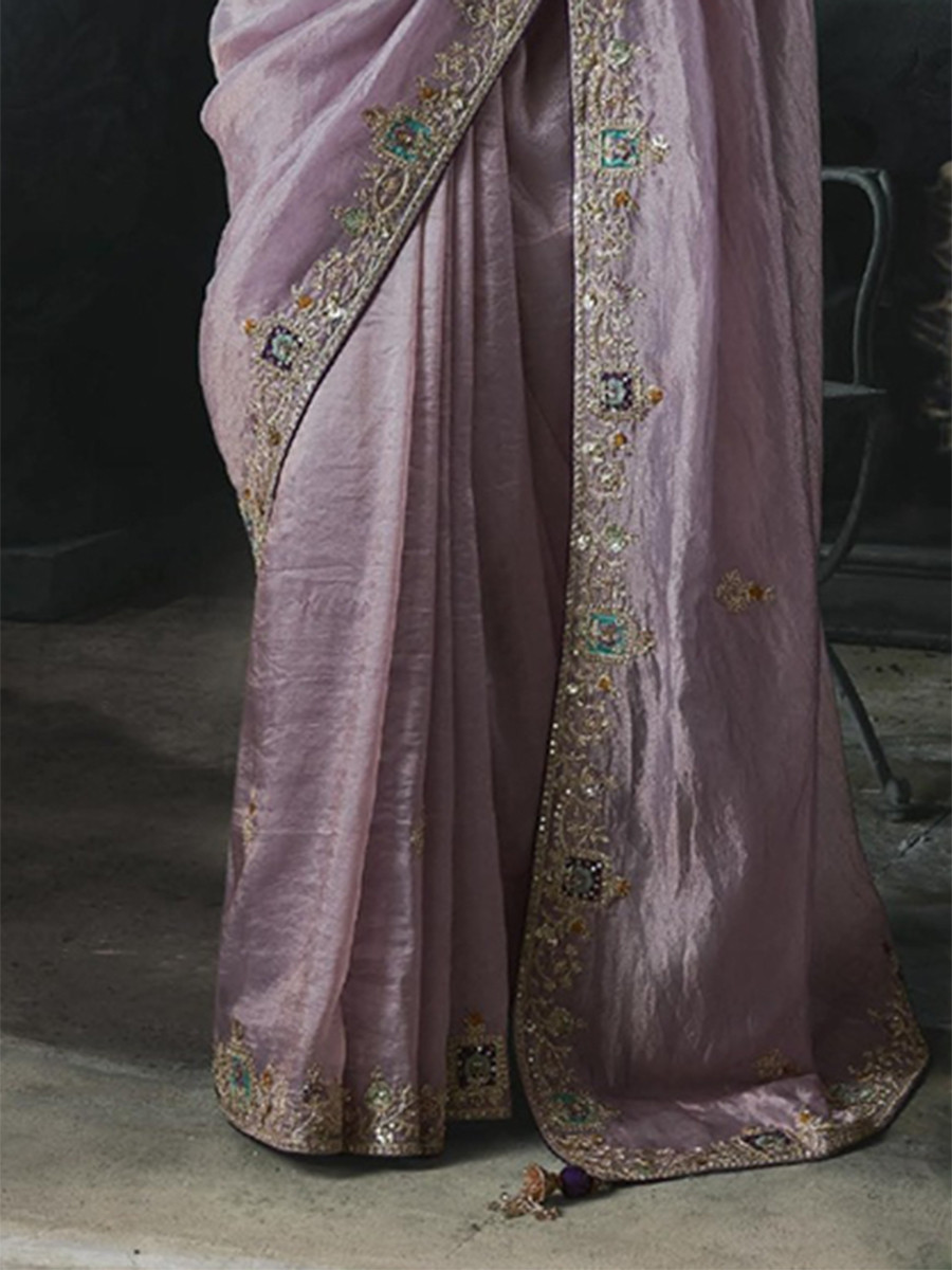 Lavender Pink Tissue Silk Embroidery Stone Work Sequins Wedding Reception Party Festival Casual Heavy Border Sarees