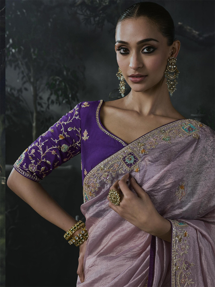 Lavender Pink Tissue Silk Embroidery Stone Work Sequins Wedding Reception Party Festival Casual Heavy Border Sarees