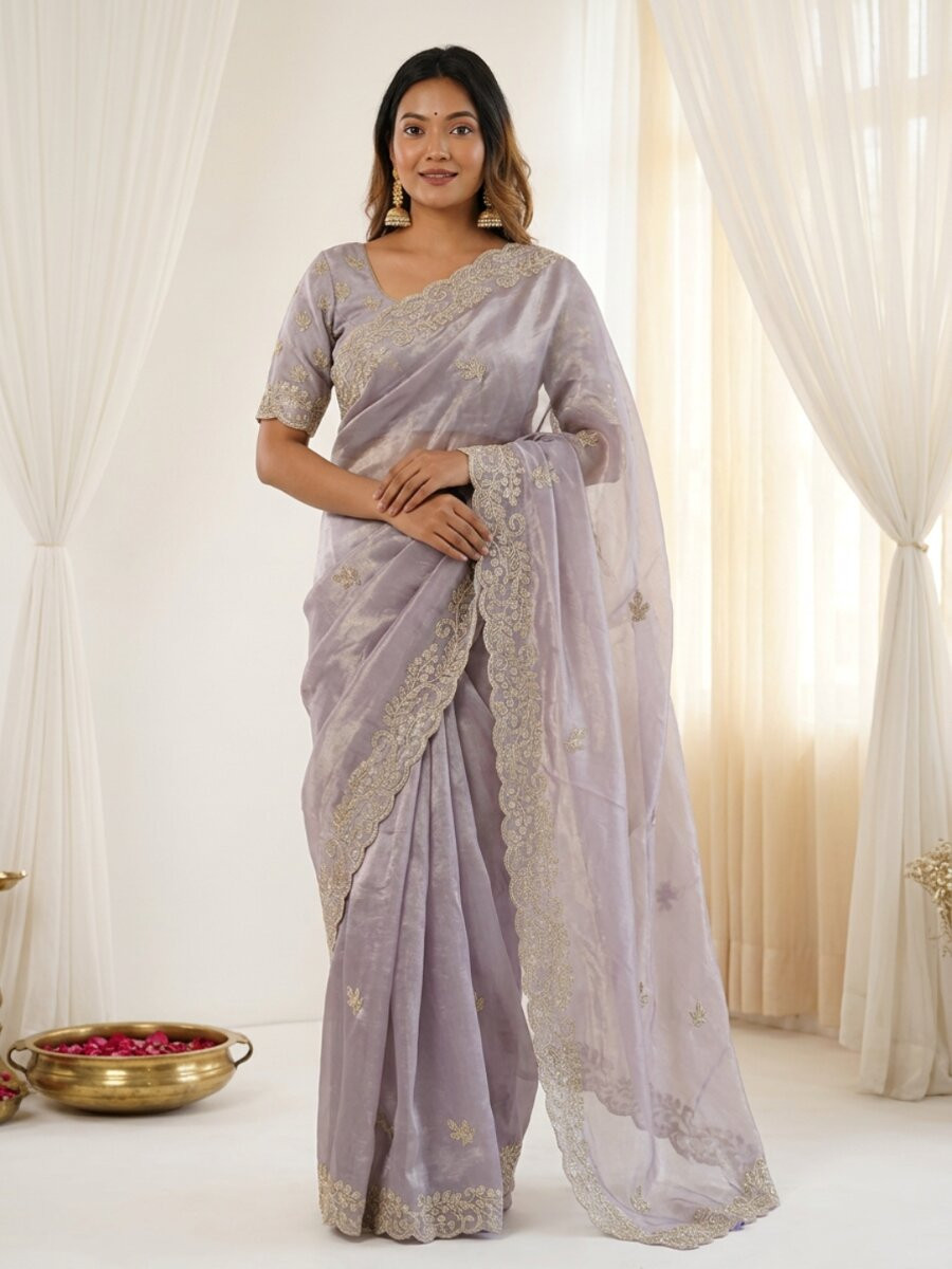 Lavender Premium Fandy Satin Embroidery Wedding Party Festival Reception Casual Heavy Border Sarees