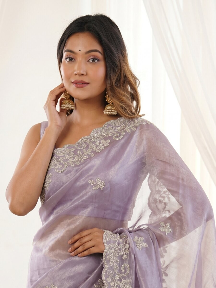 Lavender Premium Fandy Satin Embroidery Wedding Party Festival Reception Casual Heavy Border Sarees