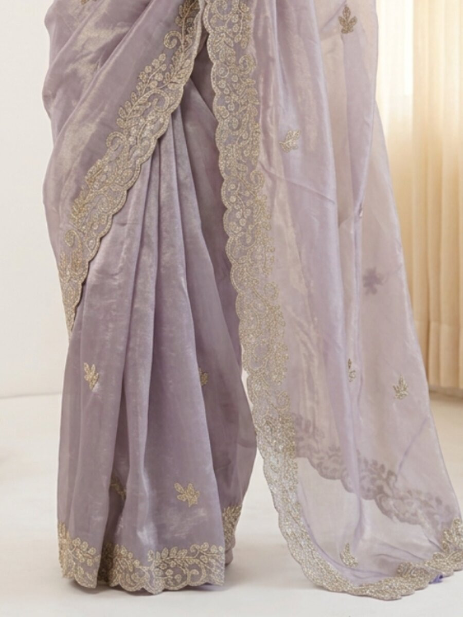 Lavender Premium Fandy Satin Embroidery Wedding Party Festival Reception Casual Heavy Border Sarees