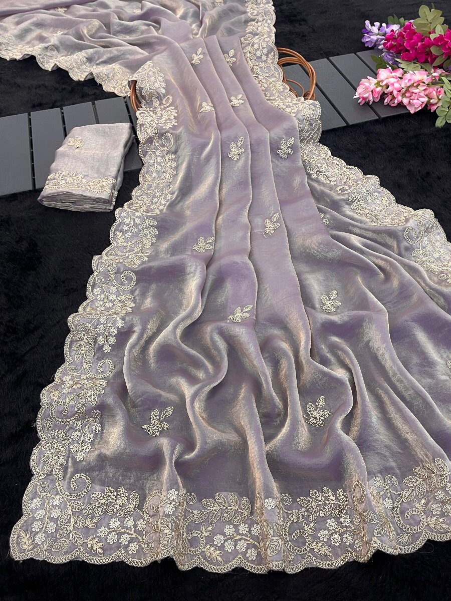 Lavender Premium Fandy Satin Embroidery Wedding Party Festival Reception Casual Heavy Border Sarees