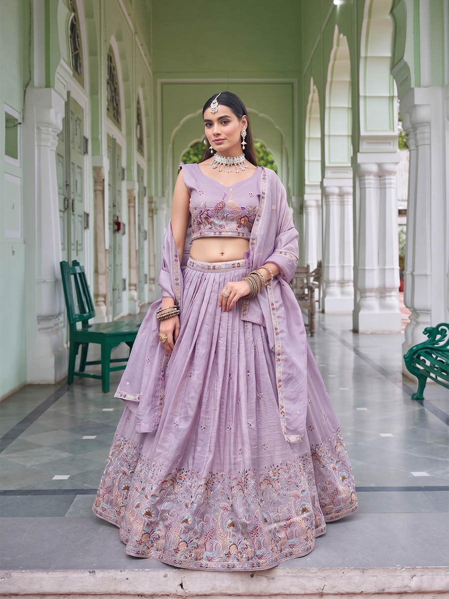 Lavender Premium Gold Crush Embroidery Wedding Reception Festival Party Wear Heavy Border Lehenga Choli