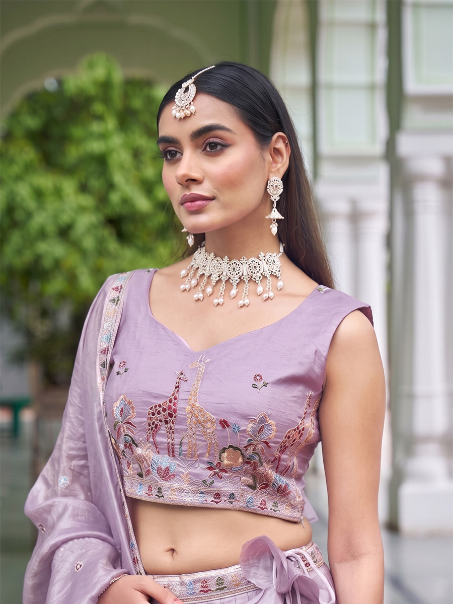 Lavender Premium Gold Crush Embroidery Wedding Reception Festival Party Wear Heavy Border Lehenga Choli