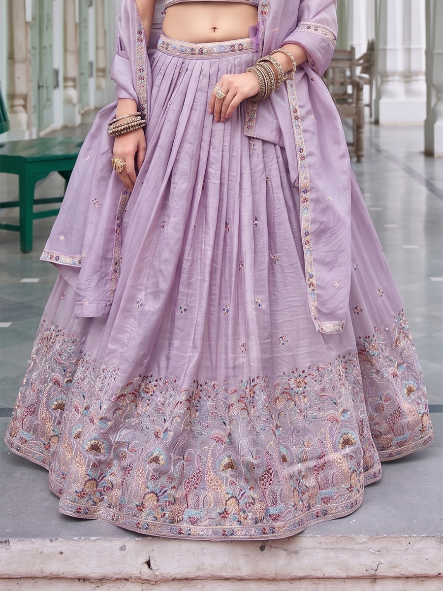 Lavender Premium Gold Crush Embroidery Wedding Reception Festival Party Wear Heavy Border Lehenga Choli