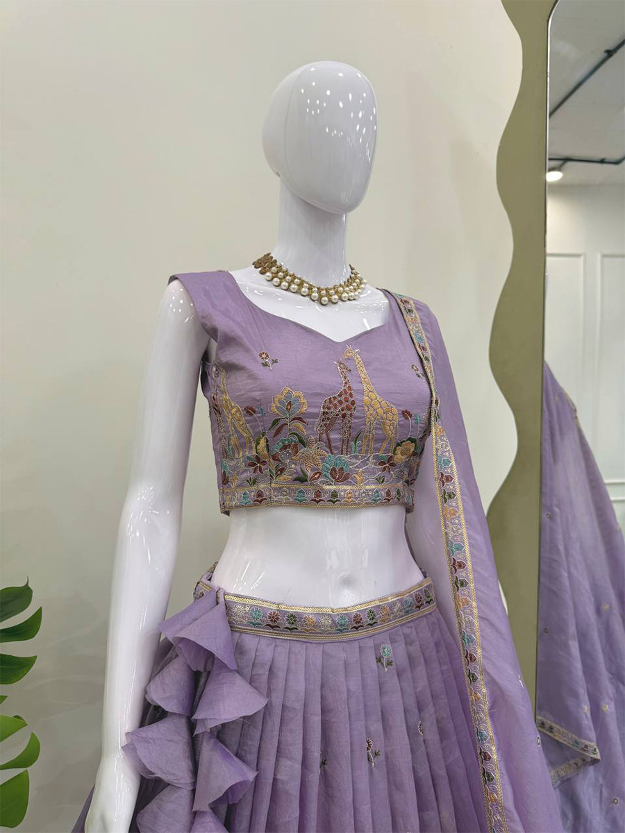 Lavender Premium Gold Crush Embroidery Wedding Reception Festival Party Wear Heavy Border Lehenga Choli