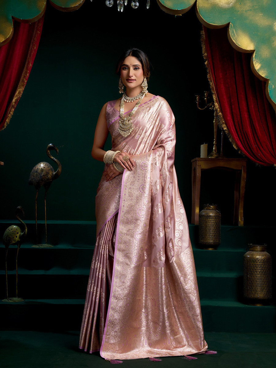 Lavender Premium Satin Silk Brocade Zari Traditional Wedding Party Festival Heavy Border Sarees