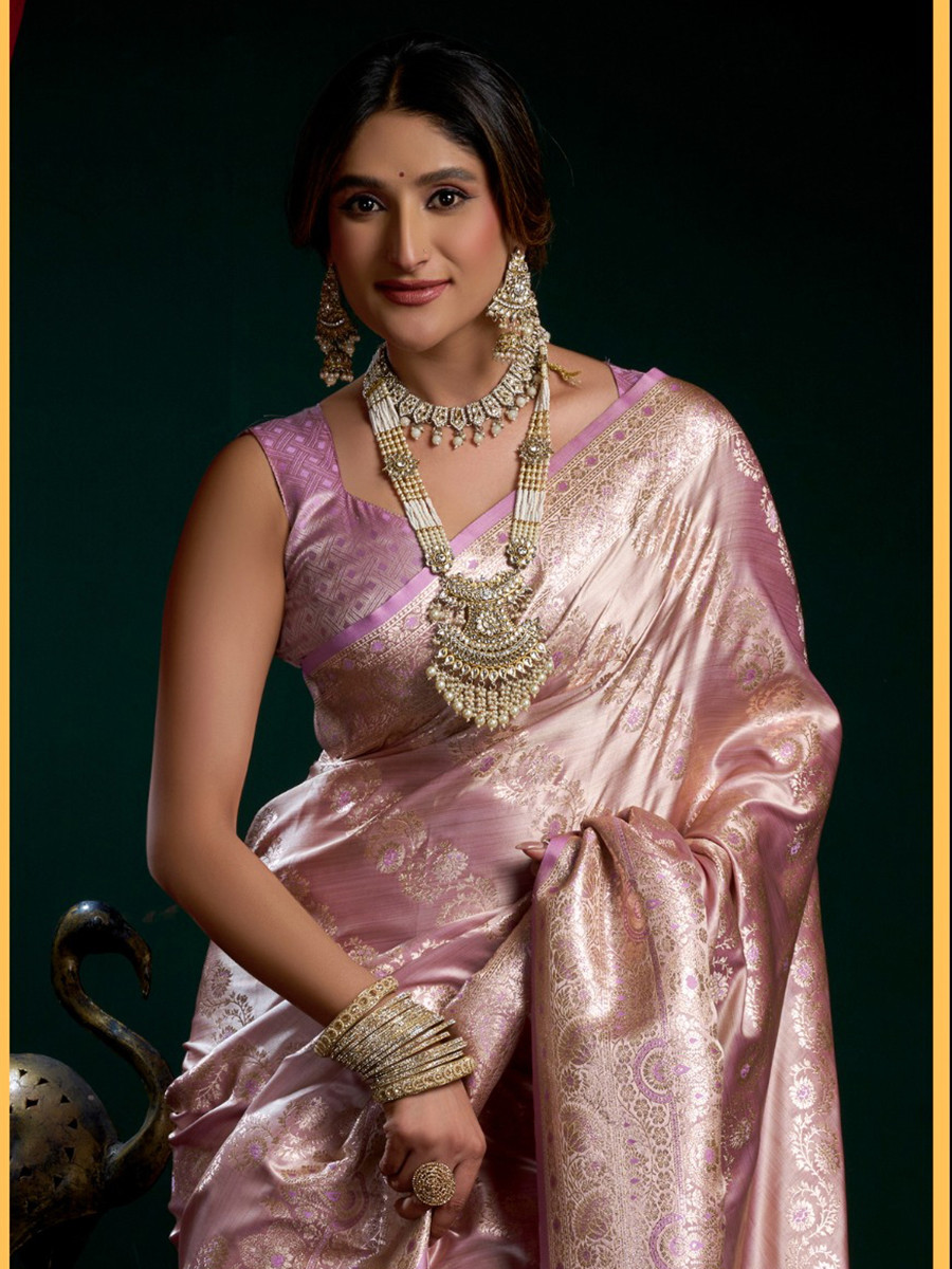 Lavender Premium Satin Silk Brocade Zari Traditional Wedding Party Festival Heavy Border Sarees