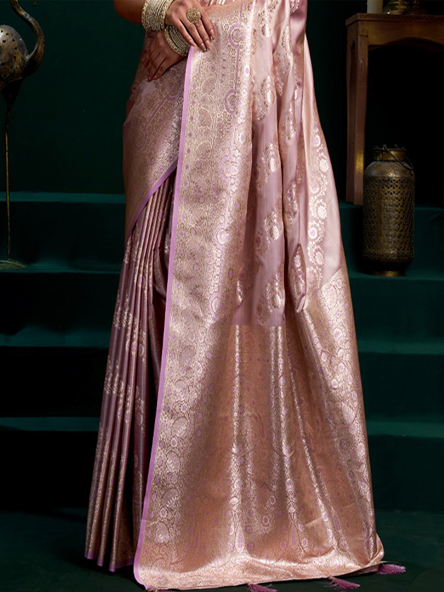 Lavender Premium Satin Silk Brocade Zari Traditional Wedding Party Festival Heavy Border Sarees